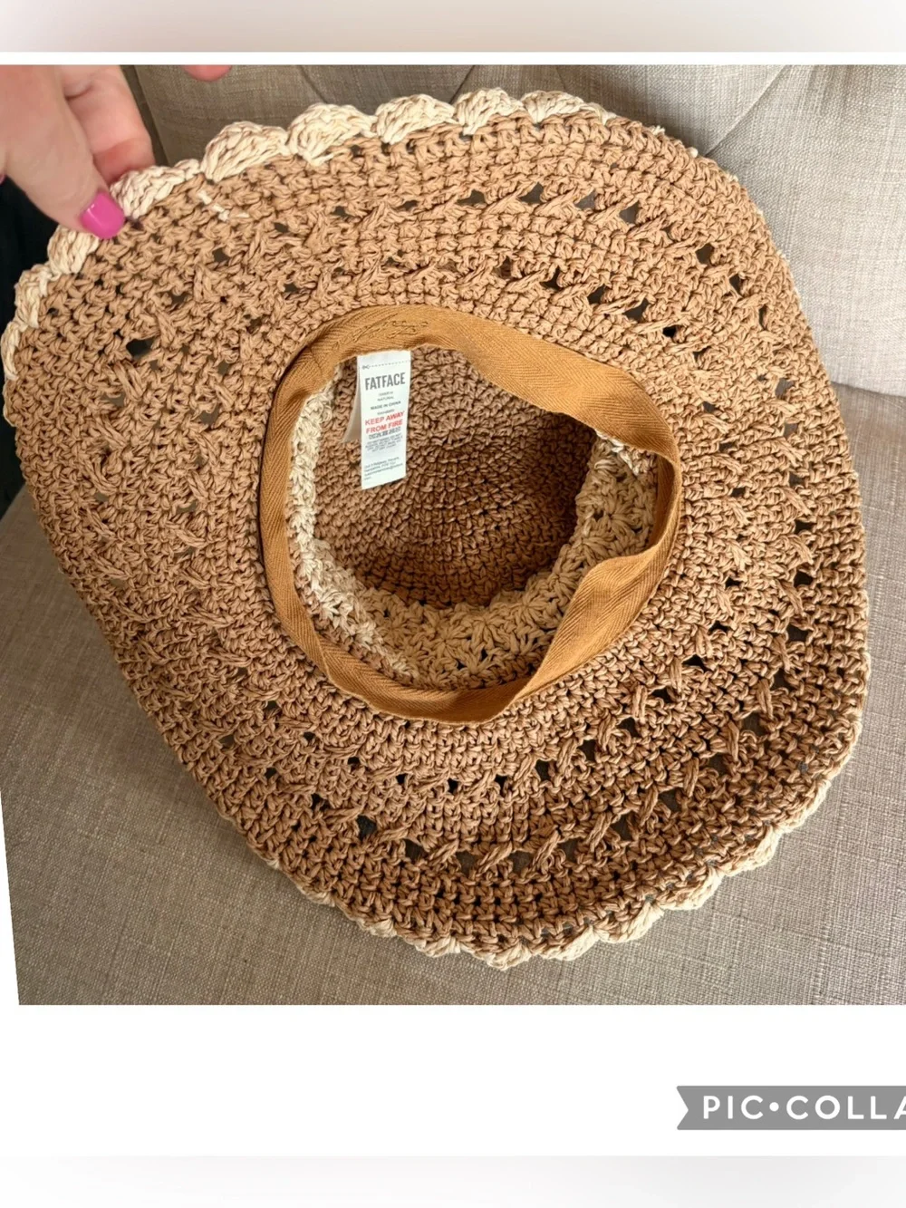 Fat Face UK Packable Crochet Straw Sun Hat Boho Wide Brim Brown Cream Beaded - Picture 4 of 5